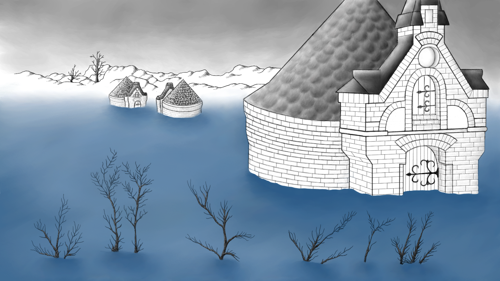 Blick vom Deich auf die Villa Kaltehofe und das Gelände